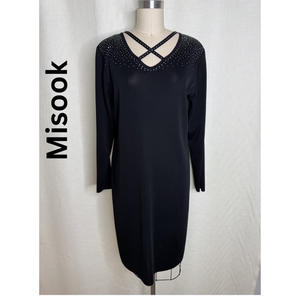 Misook Dresses & Skirts - Misook Black Knit Dress Crystal Neck Detail Stretch Elegant Size Medium